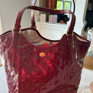 Coach Cranberry Patent Leather Tote with Embossed Design